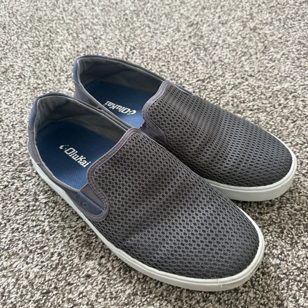 OluKai Lae'ahi Lauhala Men's Woven Slip-On Gray Leather Comfort Shoes US 9.5